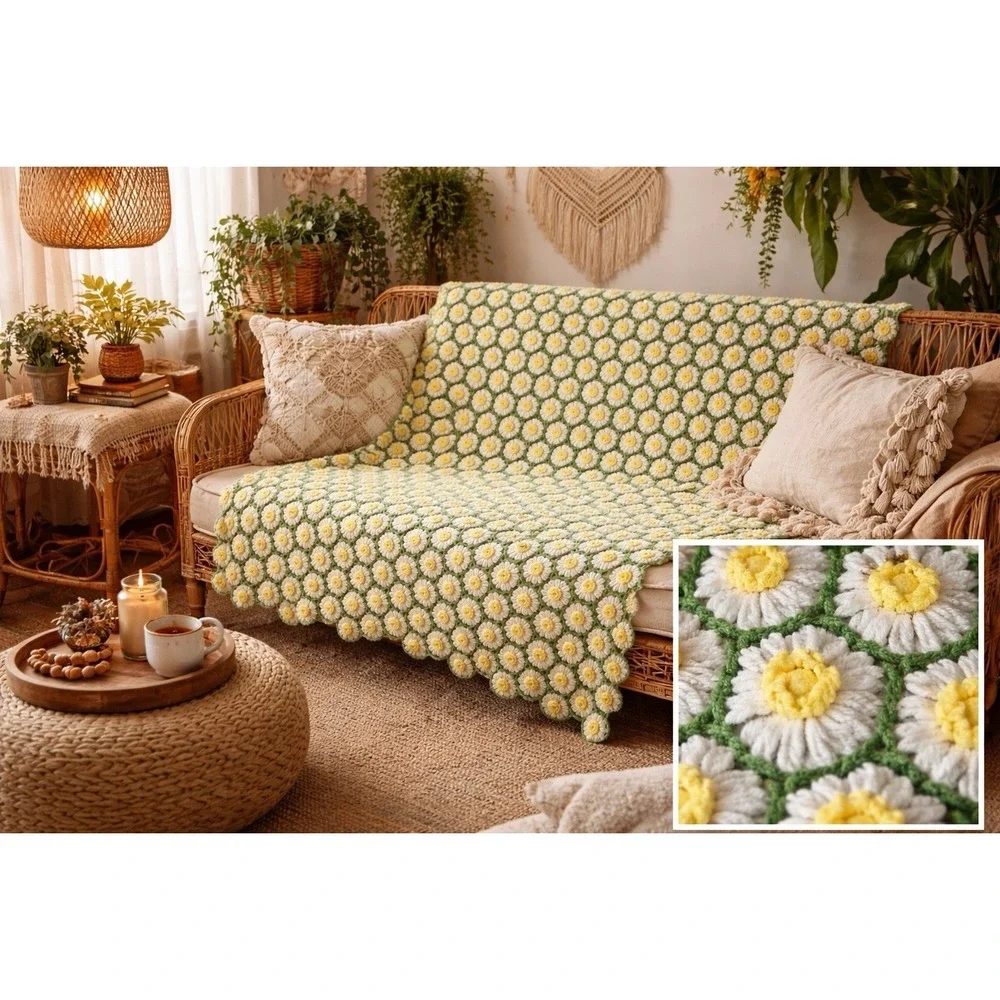 VTG 70s‎ Crochet Sunflower Crochet Blanket 65x65 Boho Granny Square Cottagecore